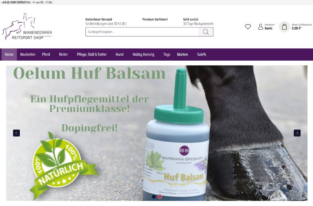 Startseite des Onlineshops Warendorfer Reitsport Shop